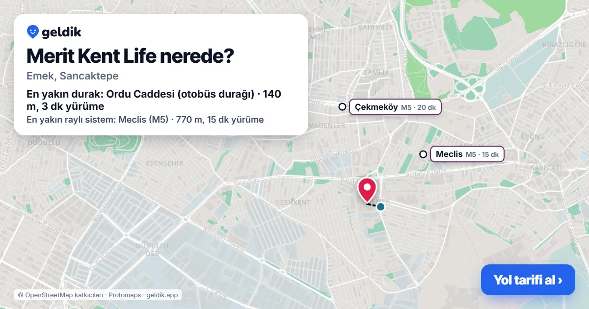 Merit Kent Life nerede: haritada konumu ve en yakın duraklar, yürüme süreleriyle