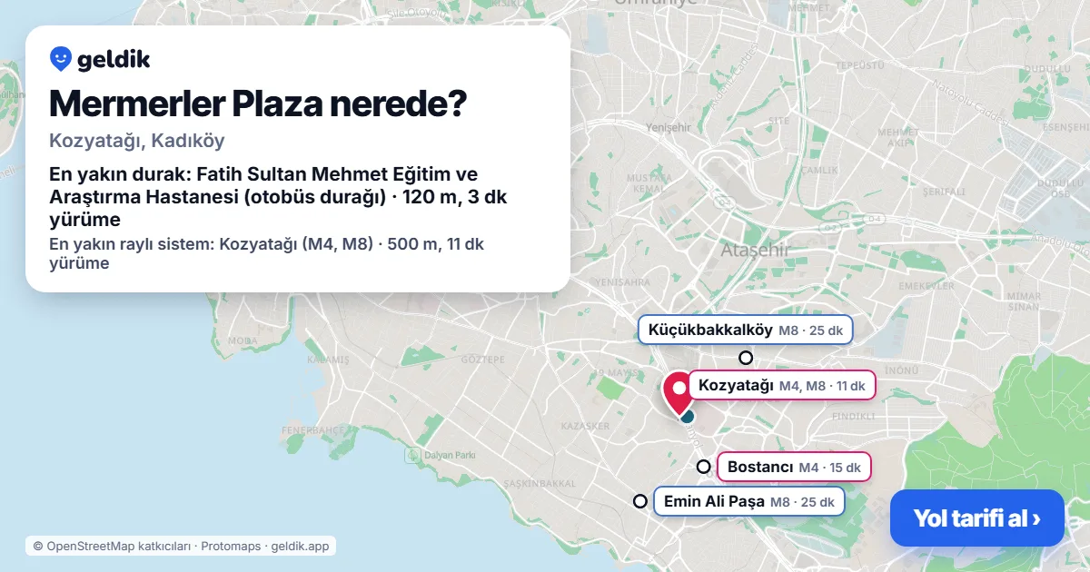 Mermerler Plaza nerede: haritada konumu ve en yakın duraklar, yürüme süreleriyle