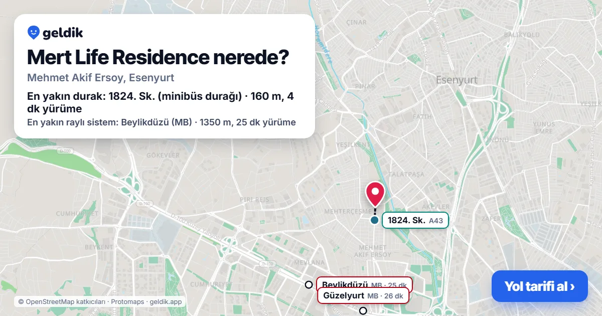Where is Mert Life Residence: map with its location and the nearest stops, with walking times