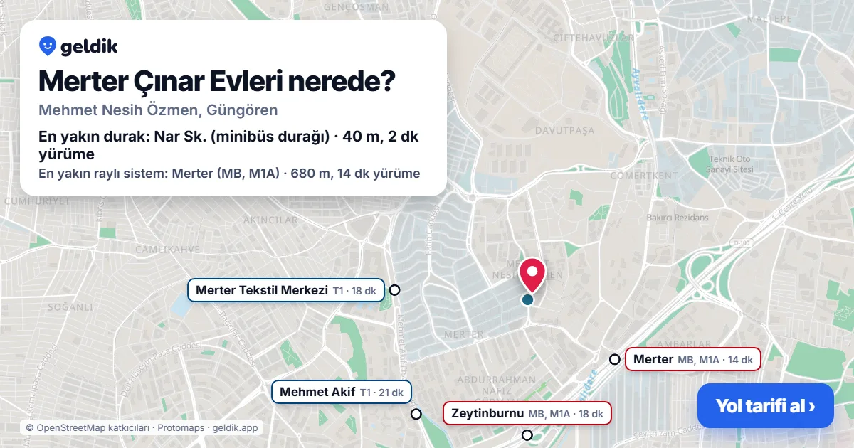 Where is Merter Çınar Evleri: map with its location and the nearest stops, with walking times