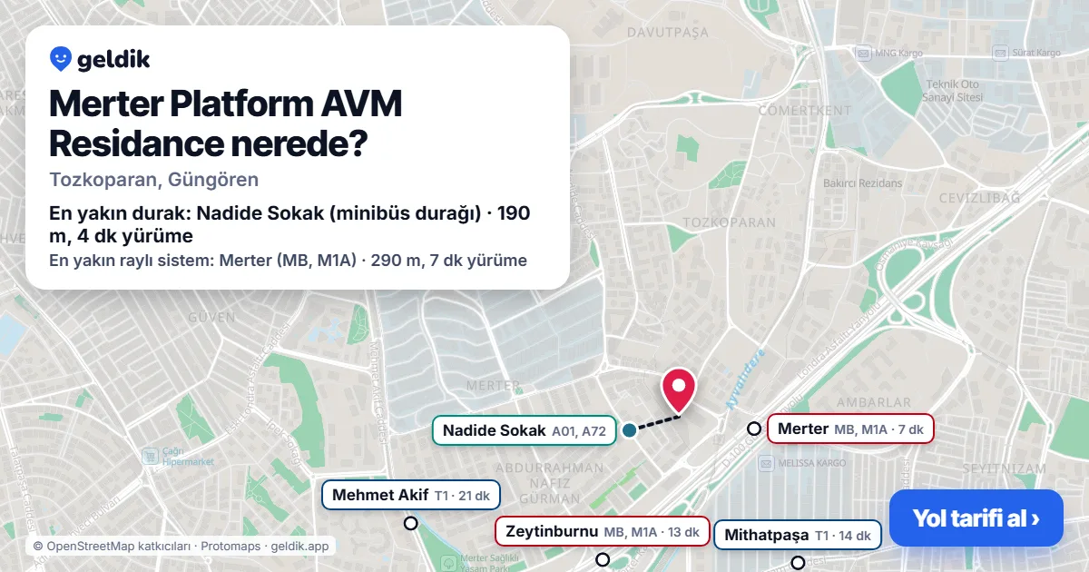 Merter Platform AVM Residance nerede: haritada konumu ve en yakın duraklar, yürüme süreleriyle