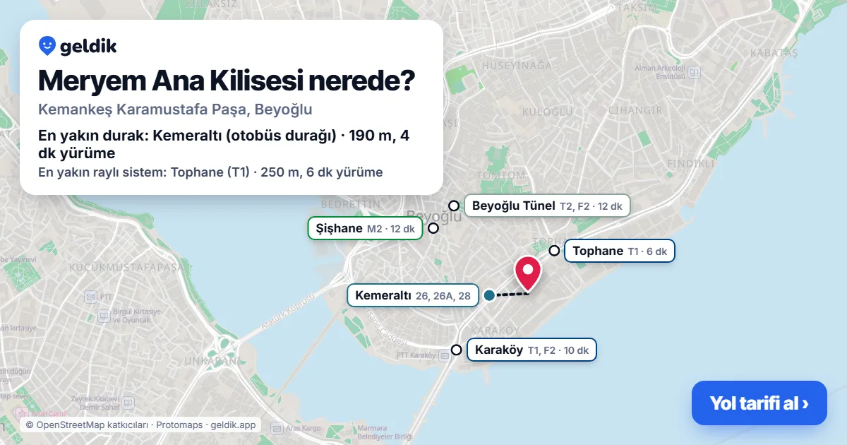 Meryem Ana Kilisesi nerede: haritada konumu ve en yakın duraklar, yürüme süreleriyle
