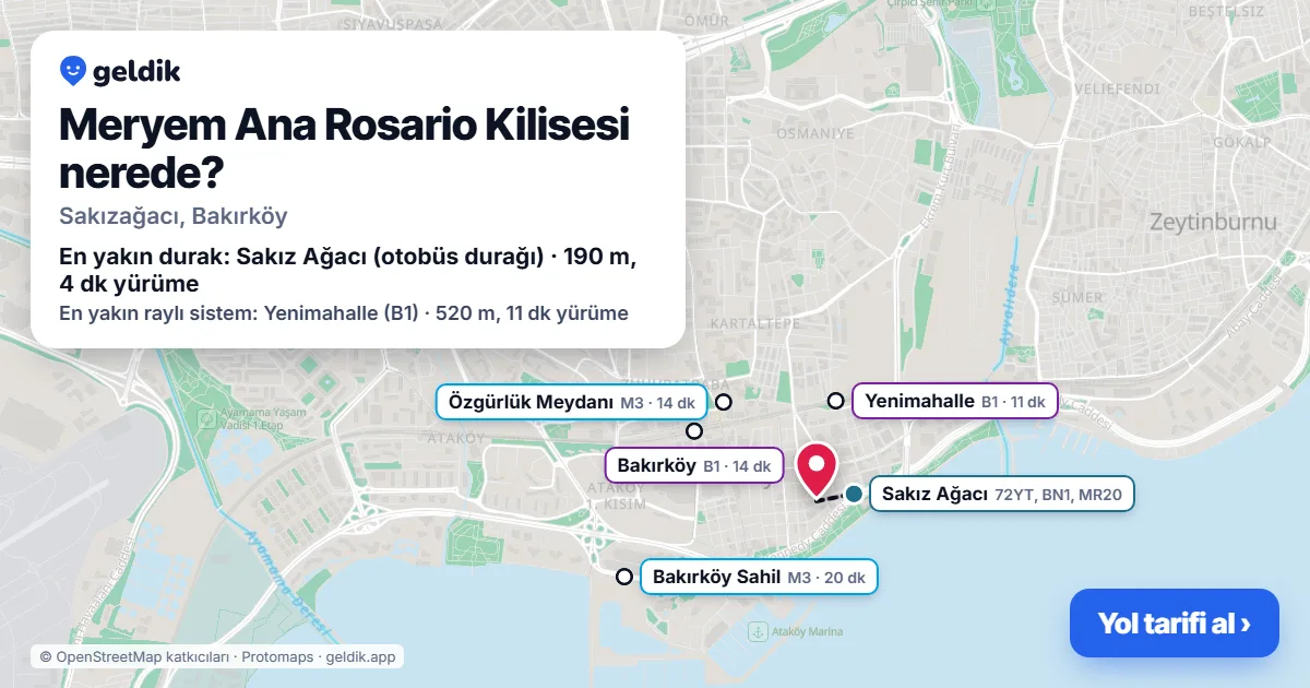 Meryem Ana Rosario Kilisesi nerede: haritada konumu ve en yakın duraklar, yürüme süreleriyle