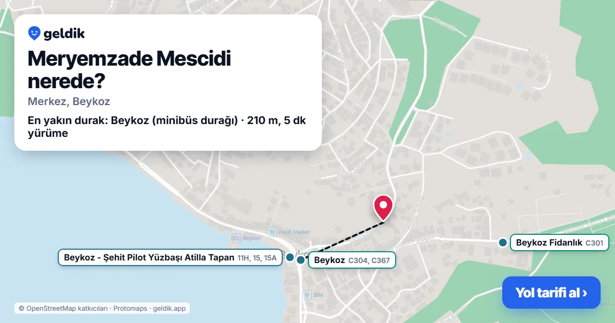 Where is Meryemzade Mescidi: map with its location and the nearest stops, with walking times