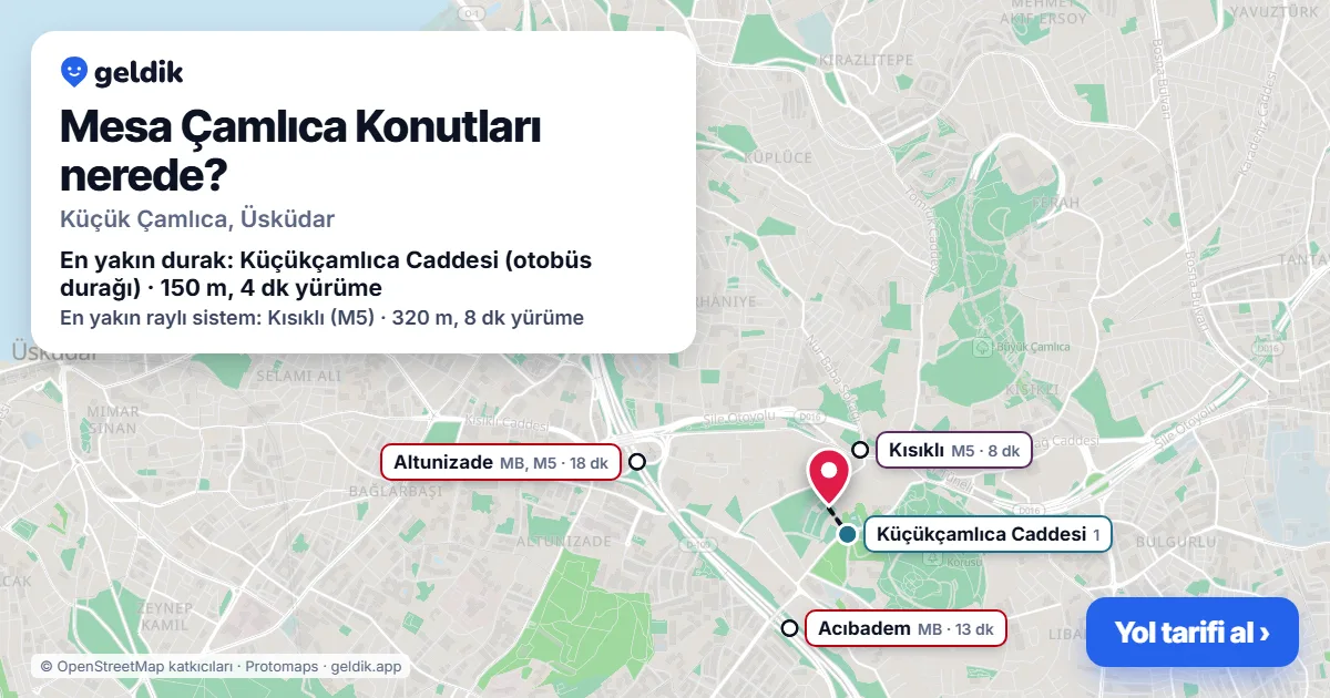 Mesa Çamlıca Konutları nerede: haritada konumu ve en yakın duraklar, yürüme süreleriyle