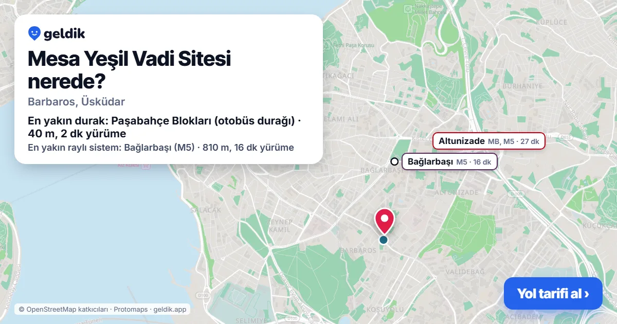 Mesa Yeşil Vadi Sitesi nerede: haritada konumu ve en yakın duraklar, yürüme süreleriyle