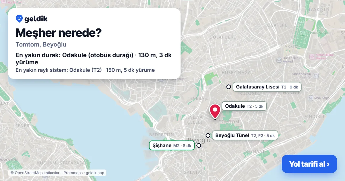 Meşher nerede: haritada konumu ve en yakın duraklar, yürüme süreleriyle