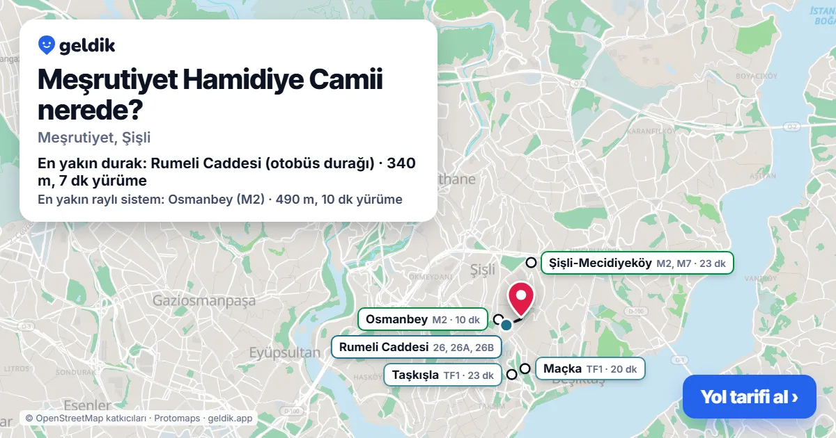 Meşrutiyet Hamidiye Camii nerede: haritada konumu ve en yakın duraklar, yürüme süreleriyle