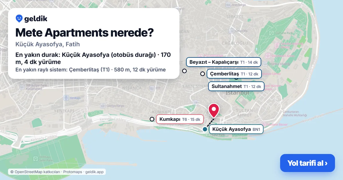 Where is Mete Apartments: map with its location and the nearest stops, with walking times