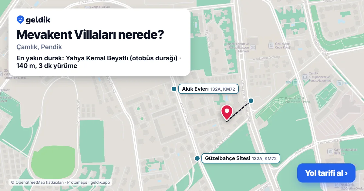 Mevakent Villaları nerede: haritada konumu ve en yakın duraklar, yürüme süreleriyle