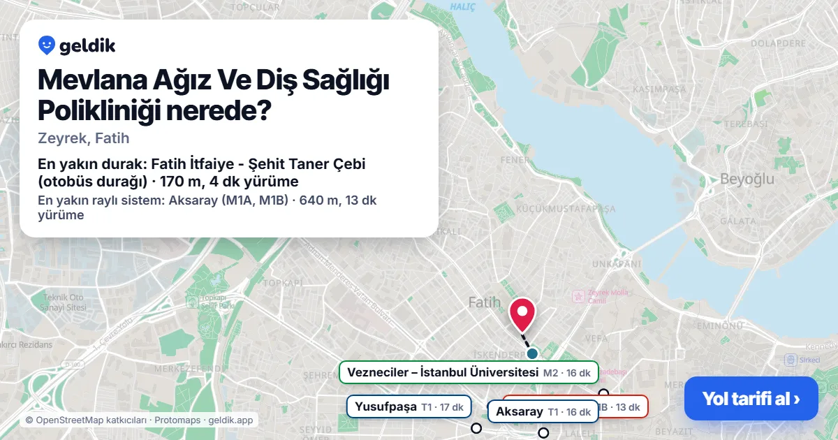 Where is Mevlana Ağız Ve Diş Sağlığı Polikliniği: map with its location and the nearest stops, with walking times