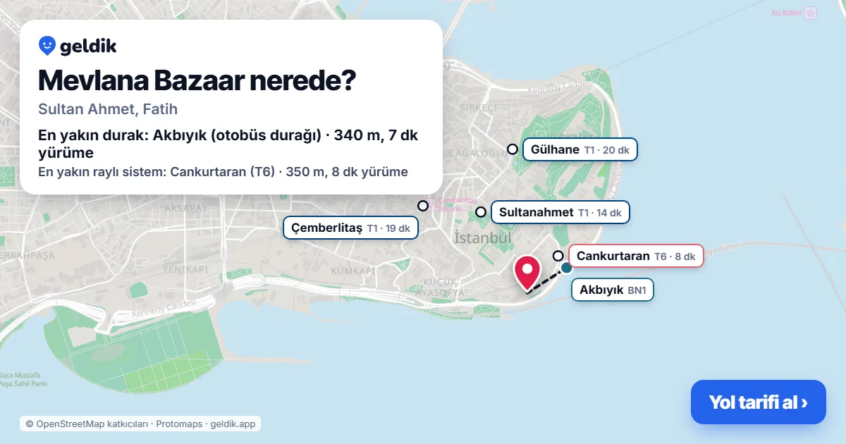 Where is Mevlana Bazaar: map with its location and the nearest stops, with walking times