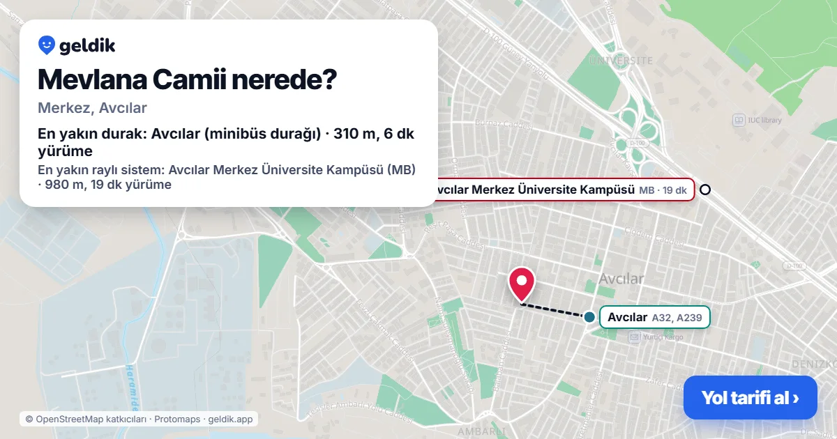 Mevlana Camii nerede: haritada konumu ve en yakın duraklar, yürüme süreleriyle