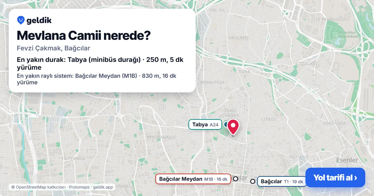 Mevlana Camii nerede: haritada konumu ve en yakın duraklar, yürüme süreleriyle