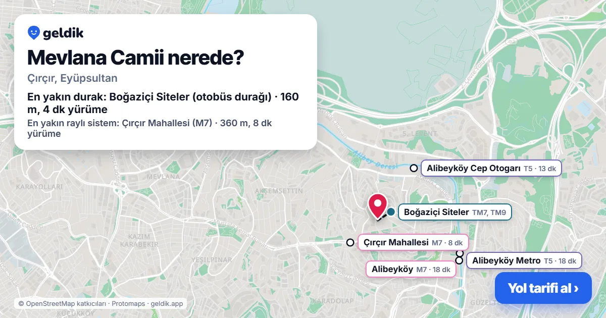 Where is Mevlana Camii: map with its location and the nearest stops, with walking times