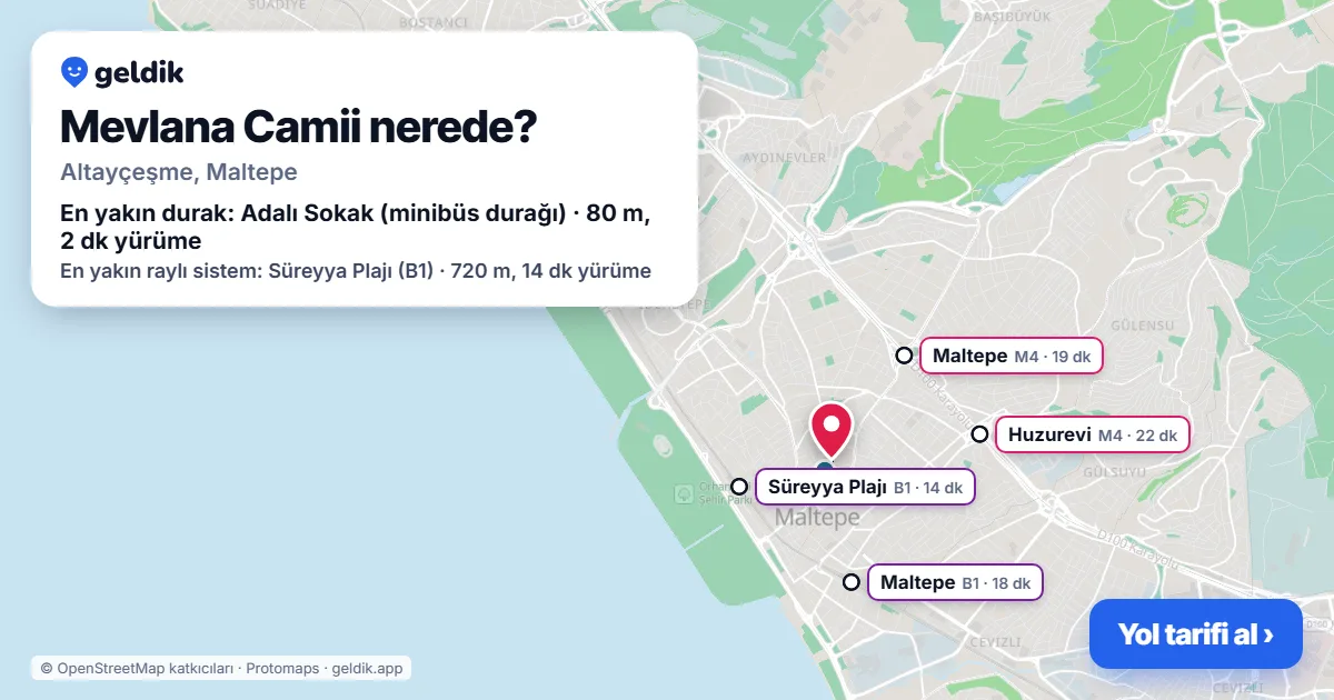 Where is Mevlana Camii: map with its location and the nearest stops, with walking times