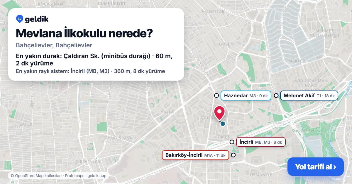 Mevlana İlkokulu nerede: haritada konumu ve en yakın duraklar, yürüme süreleriyle