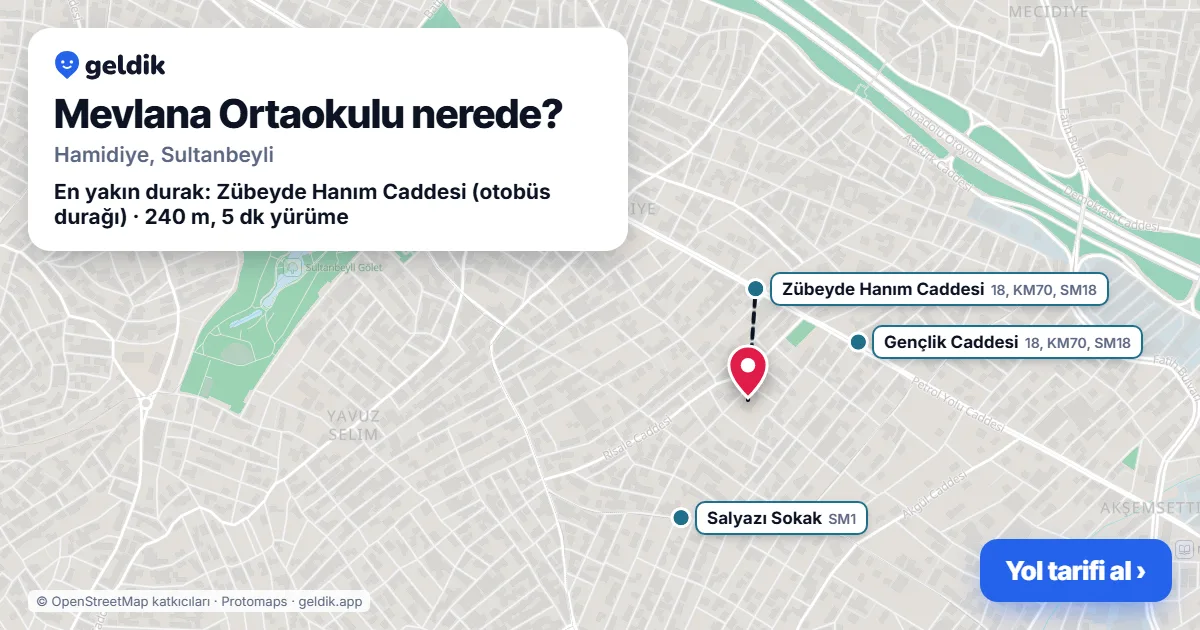 Where is Mevlana Ortaokulu: map with its location and the nearest stops, with walking times