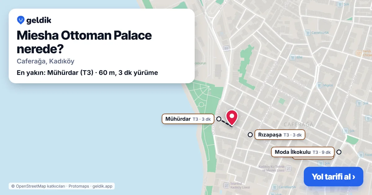 Miesha Ottoman Palace nerede: haritada konumu ve en yakın duraklar, yürüme süreleriyle