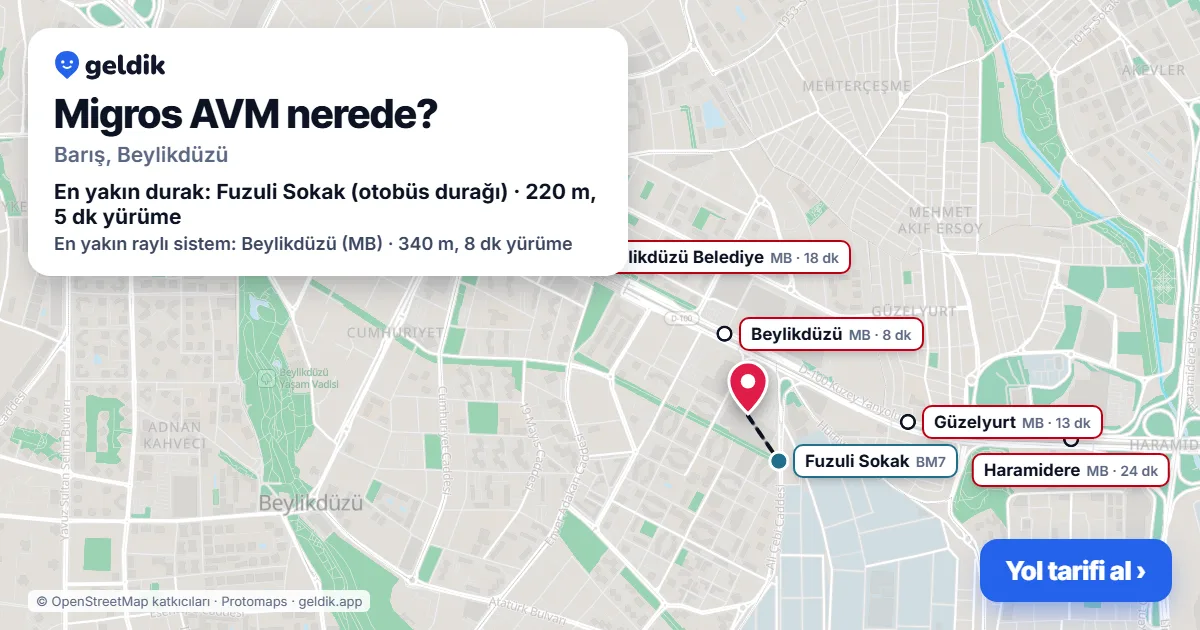 Migros AVM nerede: haritada konumu ve en yakın duraklar, yürüme süreleriyle