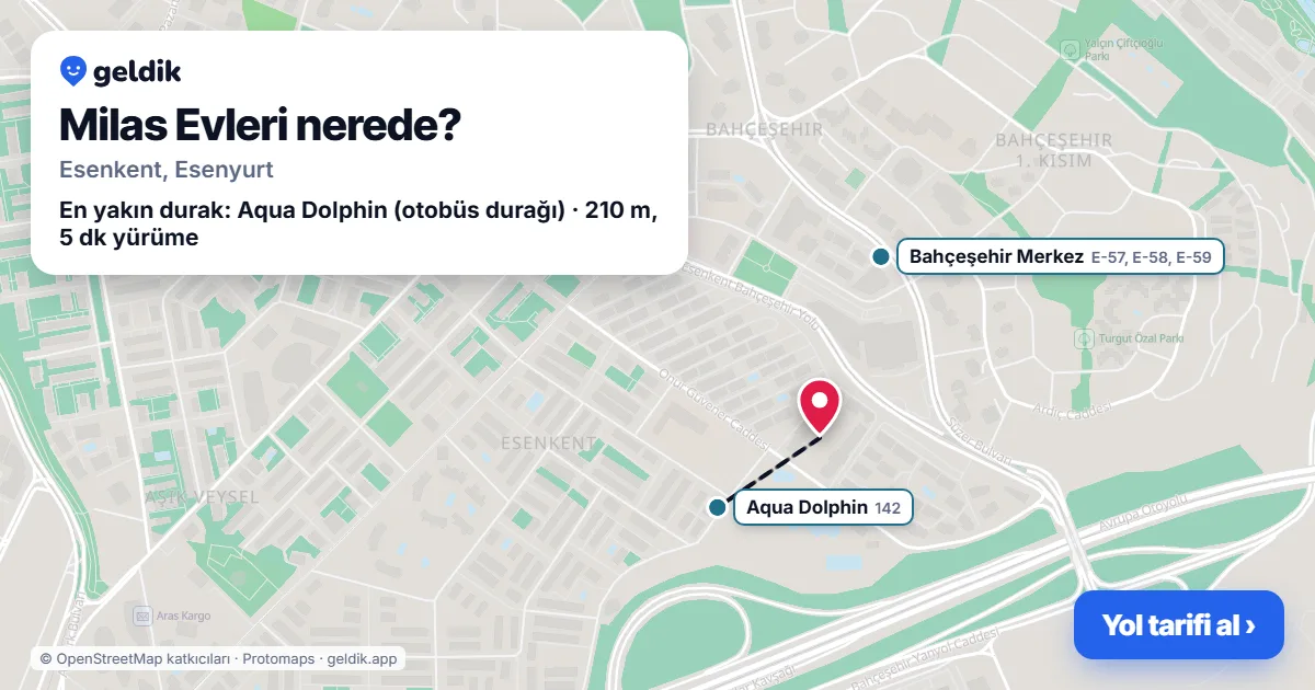 Where is Milas Evleri: map with its location and the nearest stops, with walking times