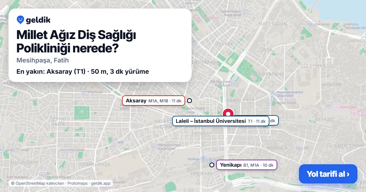 Millet Ağız Diş Sağlığı Polikliniği nerede: haritada konumu ve en yakın duraklar, yürüme süreleriyle