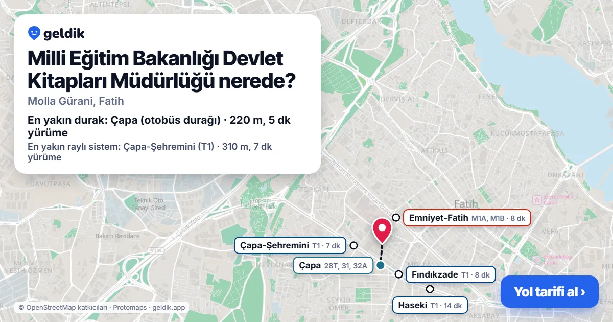 Where is Milli Eğitim Bakanlığı Devlet Kitapları Müdürlüğü: map with its location and the nearest stops, with walking times