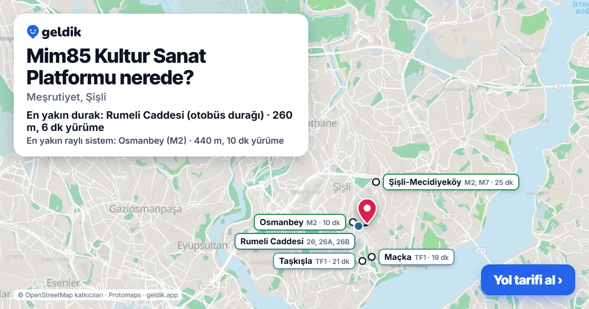 Mim85 Kultur Sanat Platformu nerede: haritada konumu ve en yakın duraklar, yürüme süreleriyle