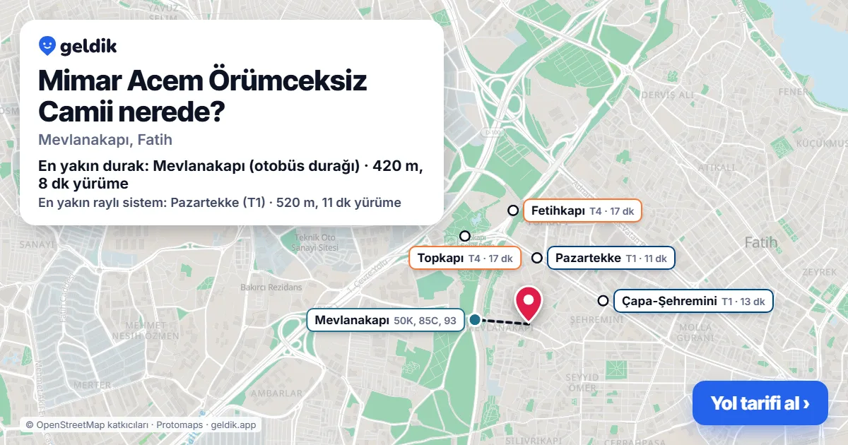 Mimar Acem Örümceksiz Camii nerede: haritada konumu ve en yakın duraklar, yürüme süreleriyle