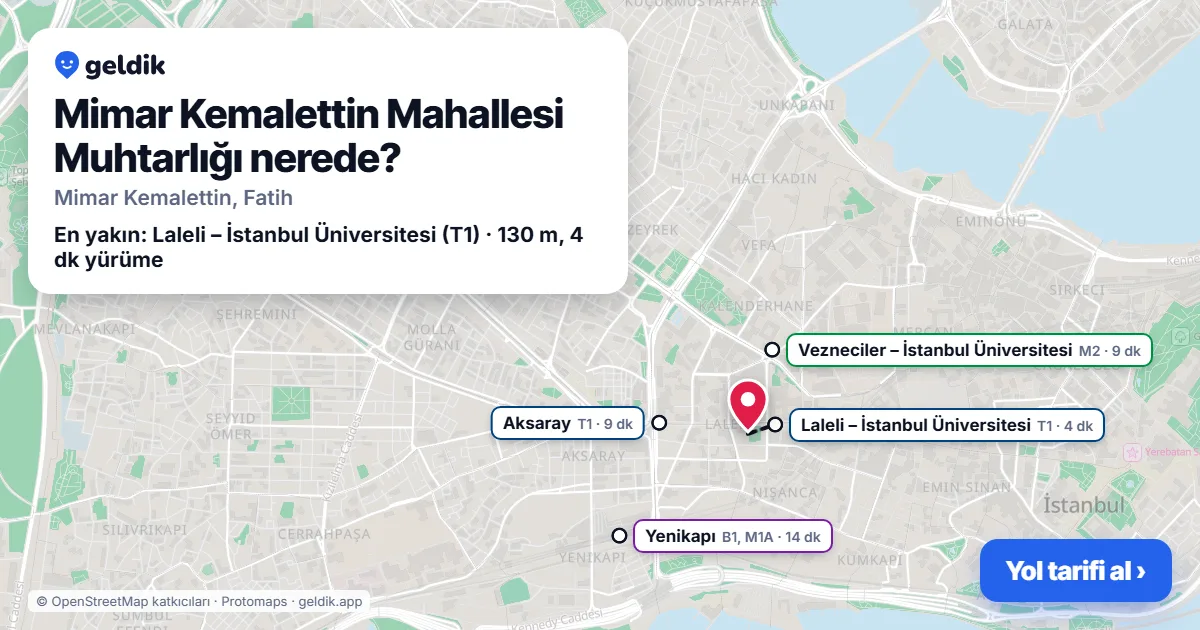 Where is Mimar Kemalettin Mahallesi Muhtarlığı: map with its location and the nearest stops, with walking times