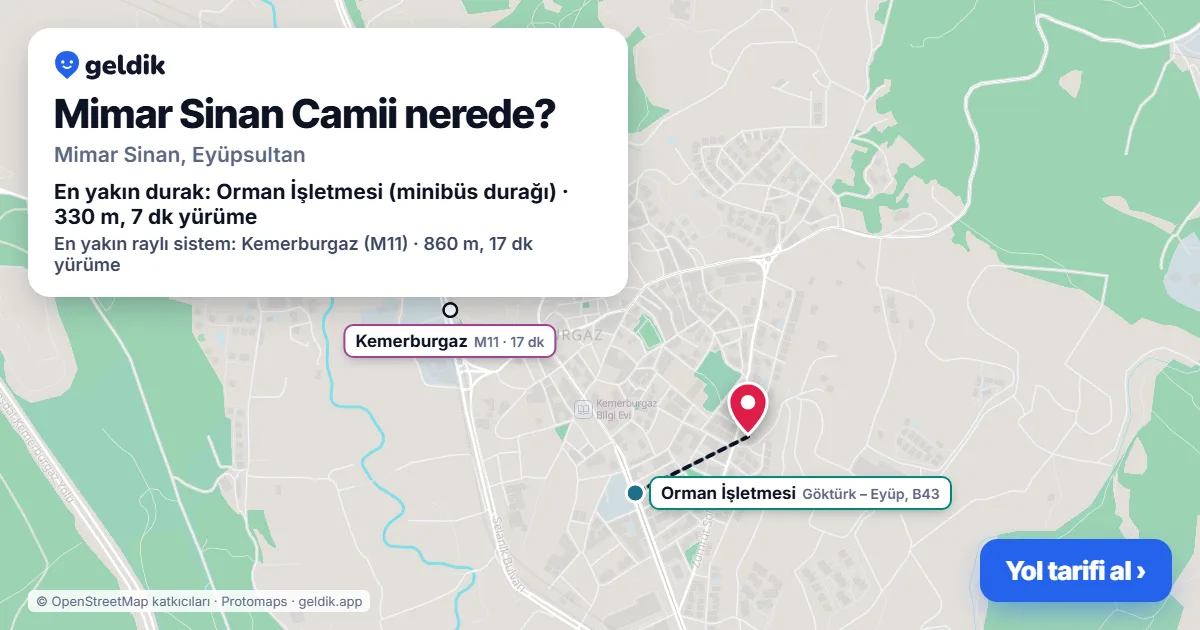 Where is Mimar Sinan Camii: map with its location and the nearest stops, with walking times