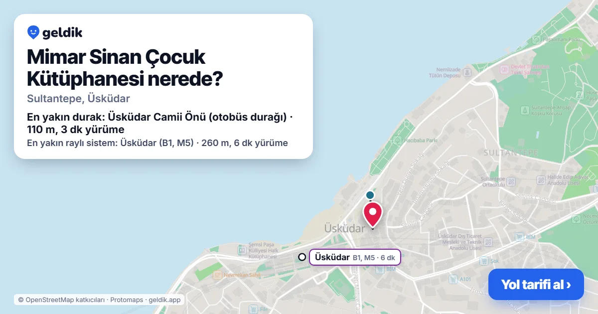 Where is Mimar Sinan Çocuk Kütüphanesi: map with its location and the nearest stops, with walking times