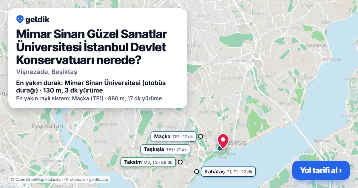 Mimar Sinan Güzel Sanatlar Üniversitesi İstanbul Devlet Konservatuarı nerede: haritada konumu ve en yakın duraklar, yürüme süreleriyle