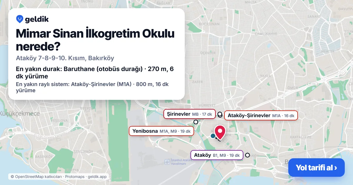 Mimar Sinan İlkogretim Okulu nerede: haritada konumu ve en yakın duraklar, yürüme süreleriyle