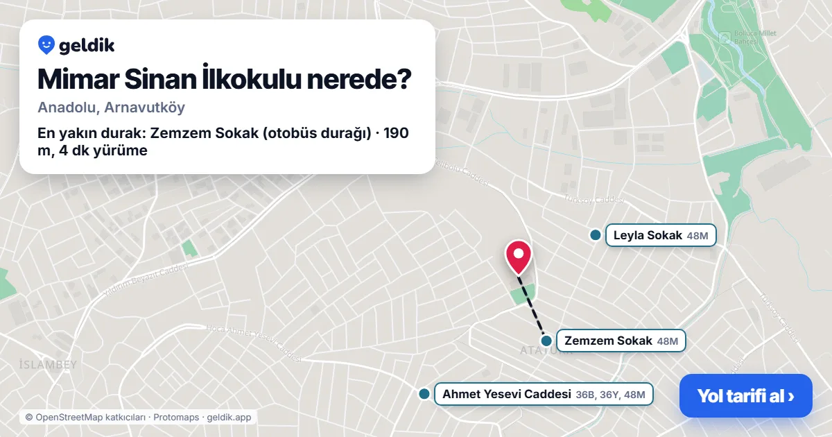Mimar Sinan İlkokulu nerede: haritada konumu ve en yakın duraklar, yürüme süreleriyle