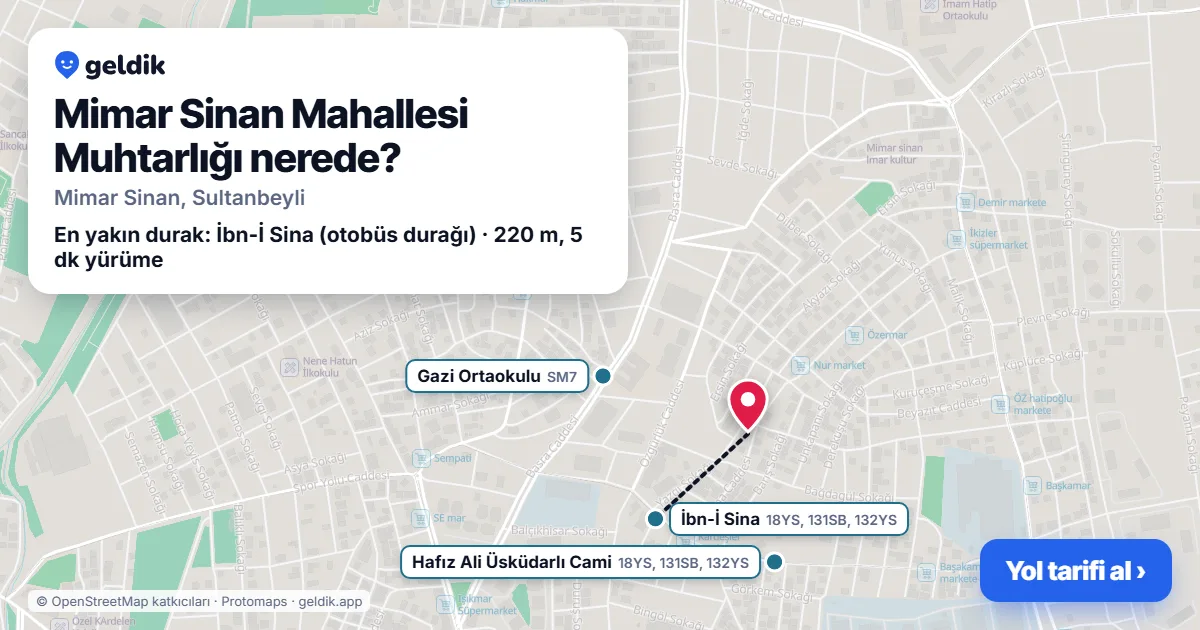 Mimar Sinan Mahallesi Muhtarlığı nerede: haritada konumu ve en yakın duraklar, yürüme süreleriyle