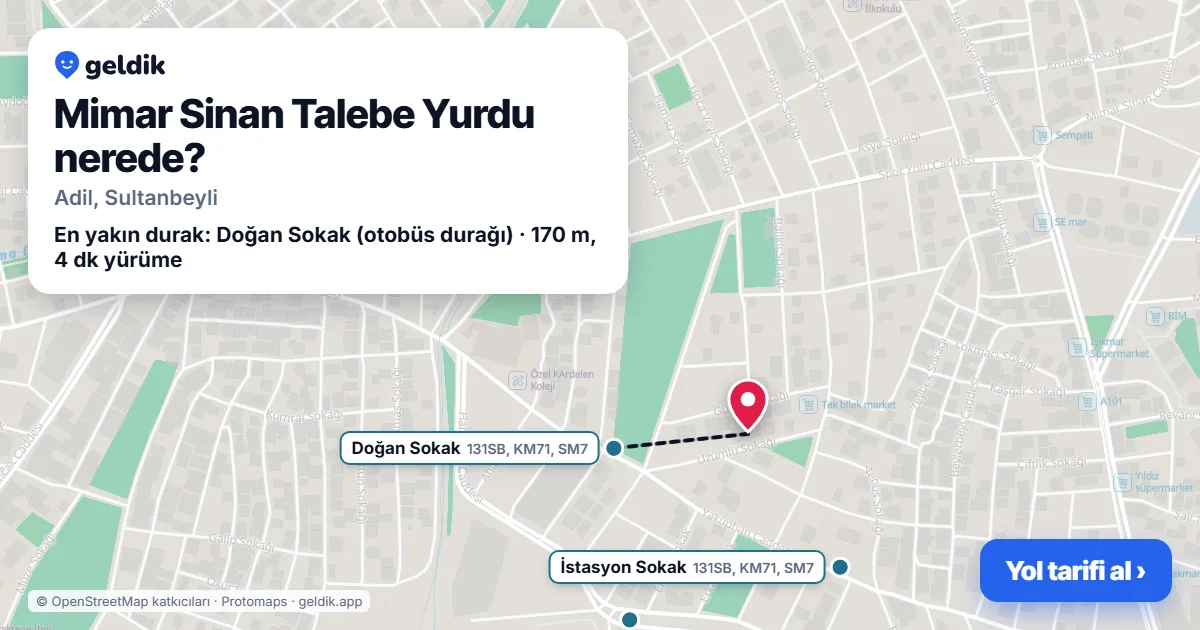 Where is Mimar Sinan Talebe Yurdu: map with its location and the nearest stops, with walking times