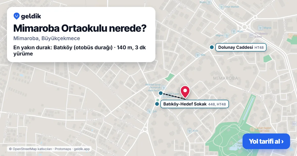 Mimaroba Ortaokulu nerede: haritada konumu ve en yakın duraklar, yürüme süreleriyle