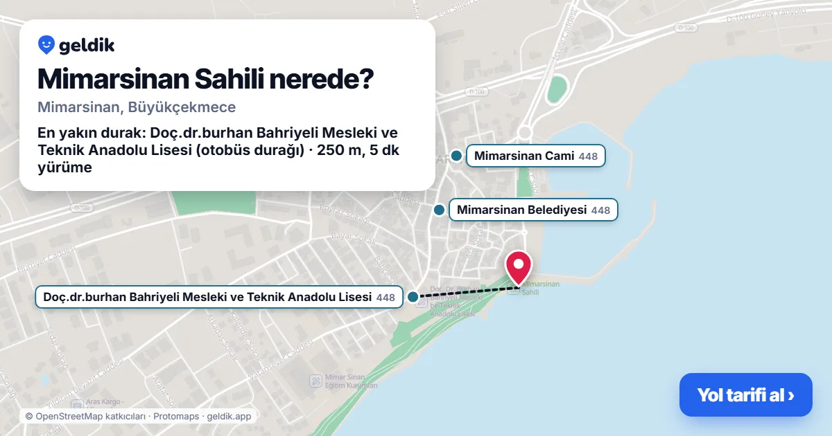 Mimarsinan Sahili nerede: haritada konumu ve en yakın duraklar, yürüme süreleriyle