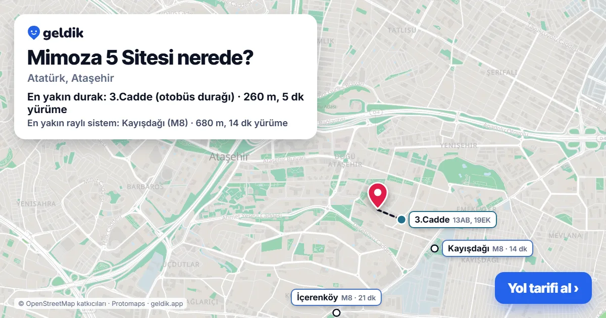 Where is Mimoza 5 Sitesi: map with its location and the nearest stops, with walking times