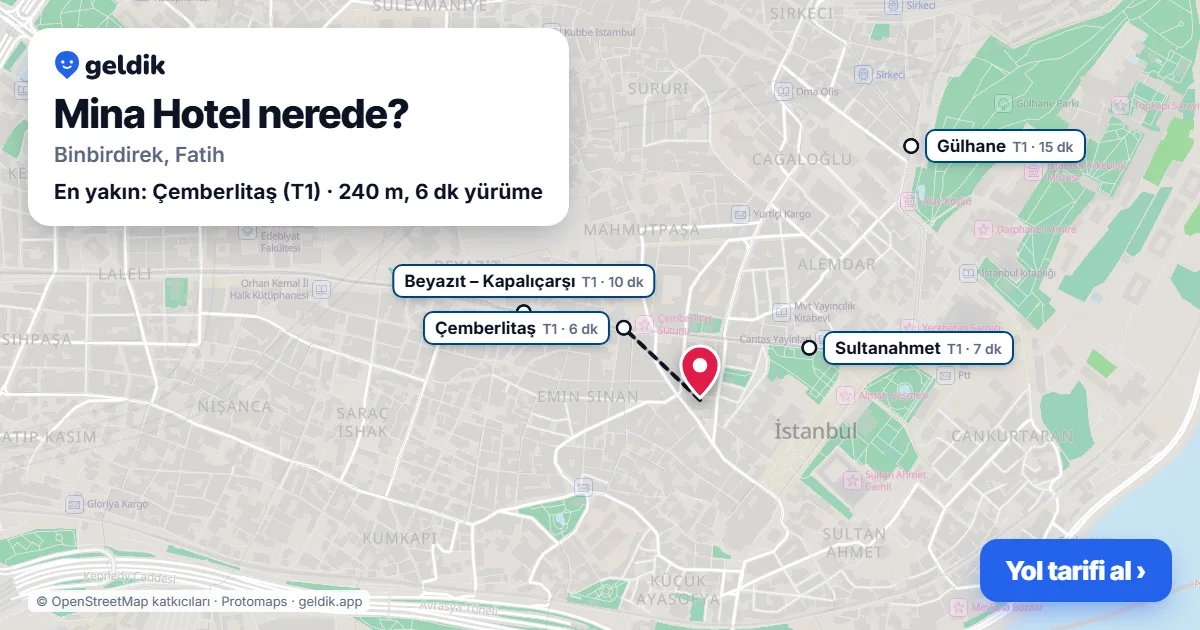 Where is Mina Hotel: map with its location and the nearest stops, with walking times
