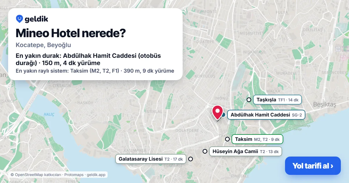 Mineo Hotel nerede: haritada konumu ve en yakın duraklar, yürüme süreleriyle