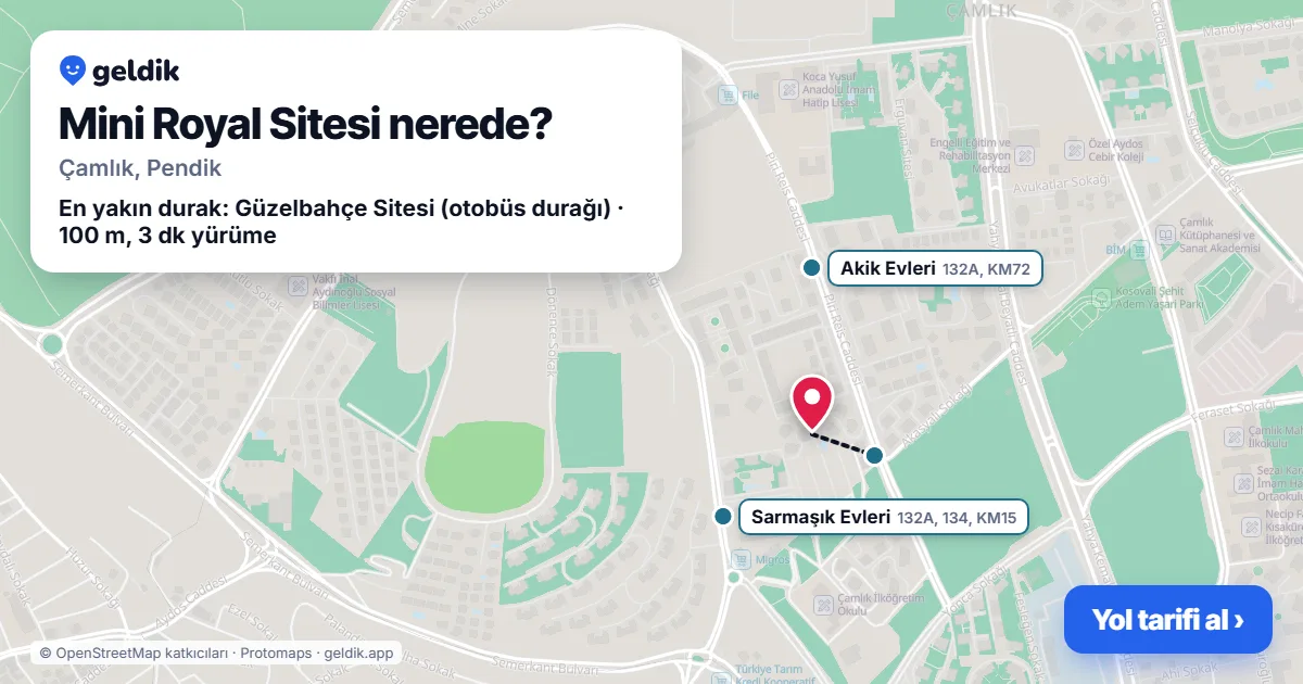 Mini Royal Sitesi nerede: haritada konumu ve en yakın duraklar, yürüme süreleriyle