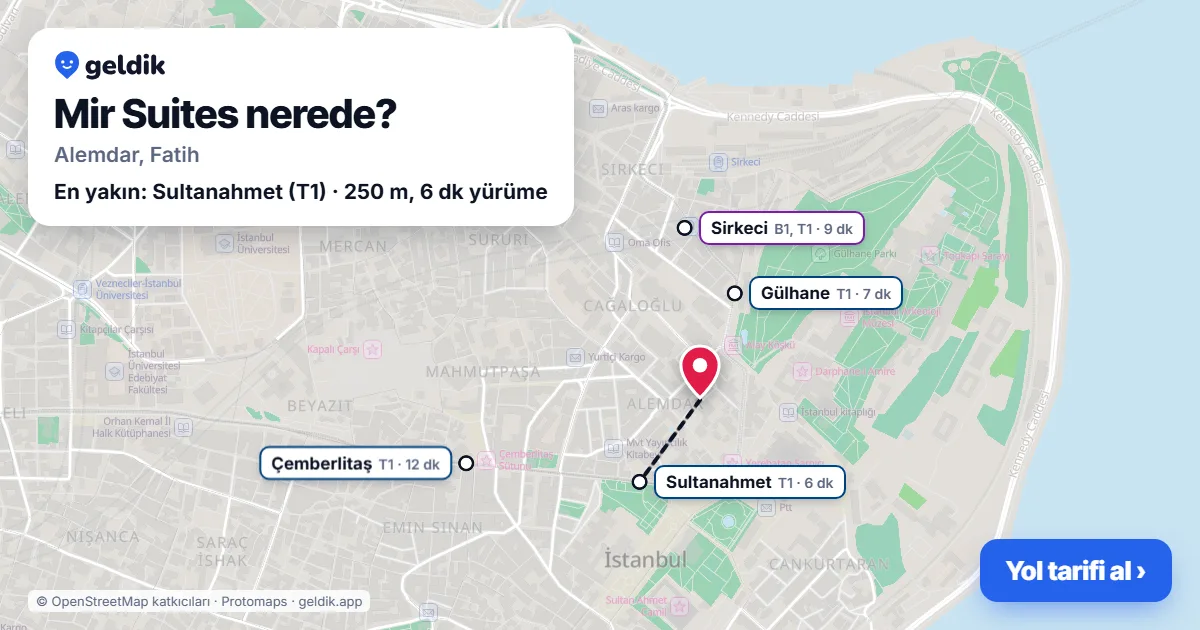 Mir Suites nerede: haritada konumu ve en yakın duraklar, yürüme süreleriyle