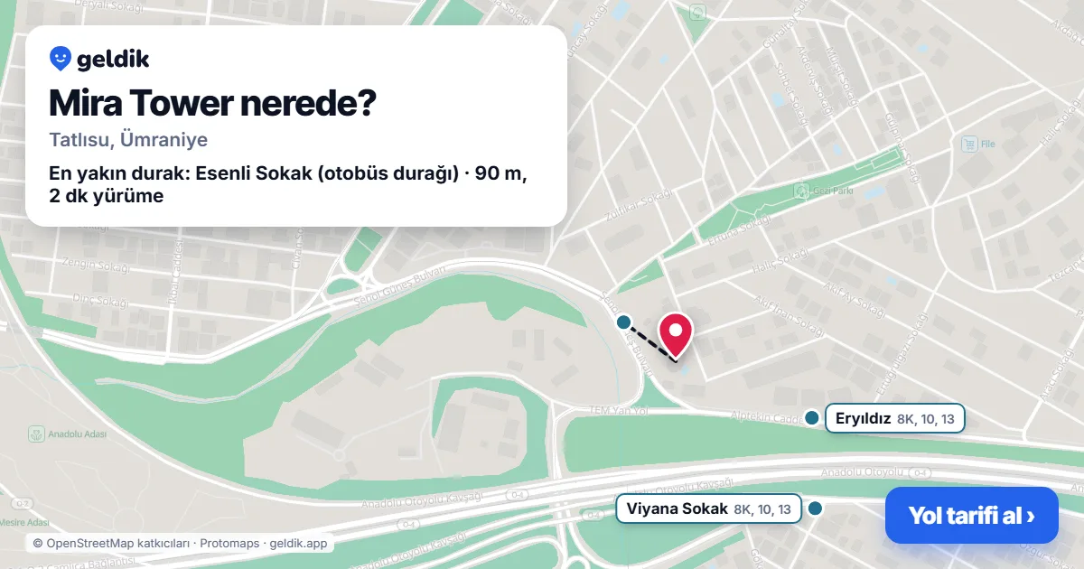 Mira Tower nerede: haritada konumu ve en yakın duraklar, yürüme süreleriyle
