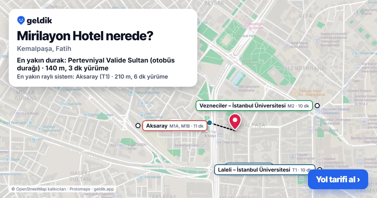 Mirilayon Hotel nerede: haritada konumu ve en yakın duraklar, yürüme süreleriyle
