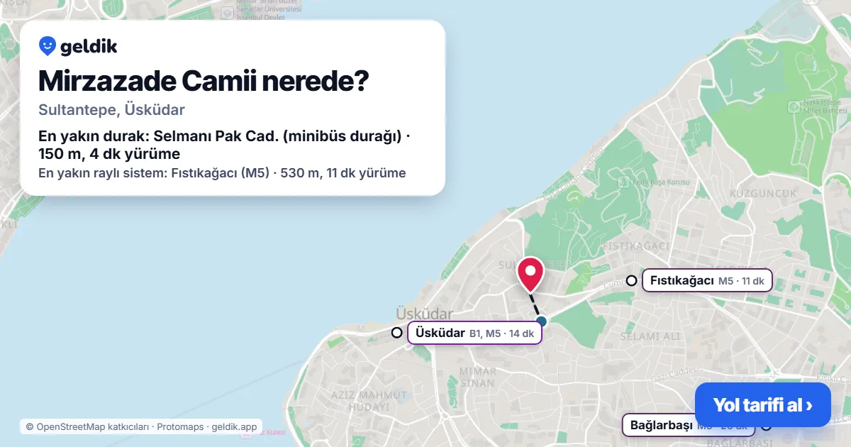 Where is Mirzazade Camii: map with its location and the nearest stops, with walking times
