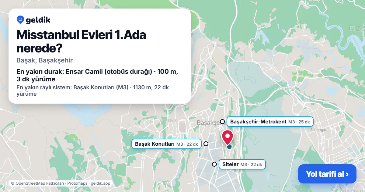 Misstanbul Evleri 1.Ada nerede: haritada konumu ve en yakın duraklar, yürüme süreleriyle