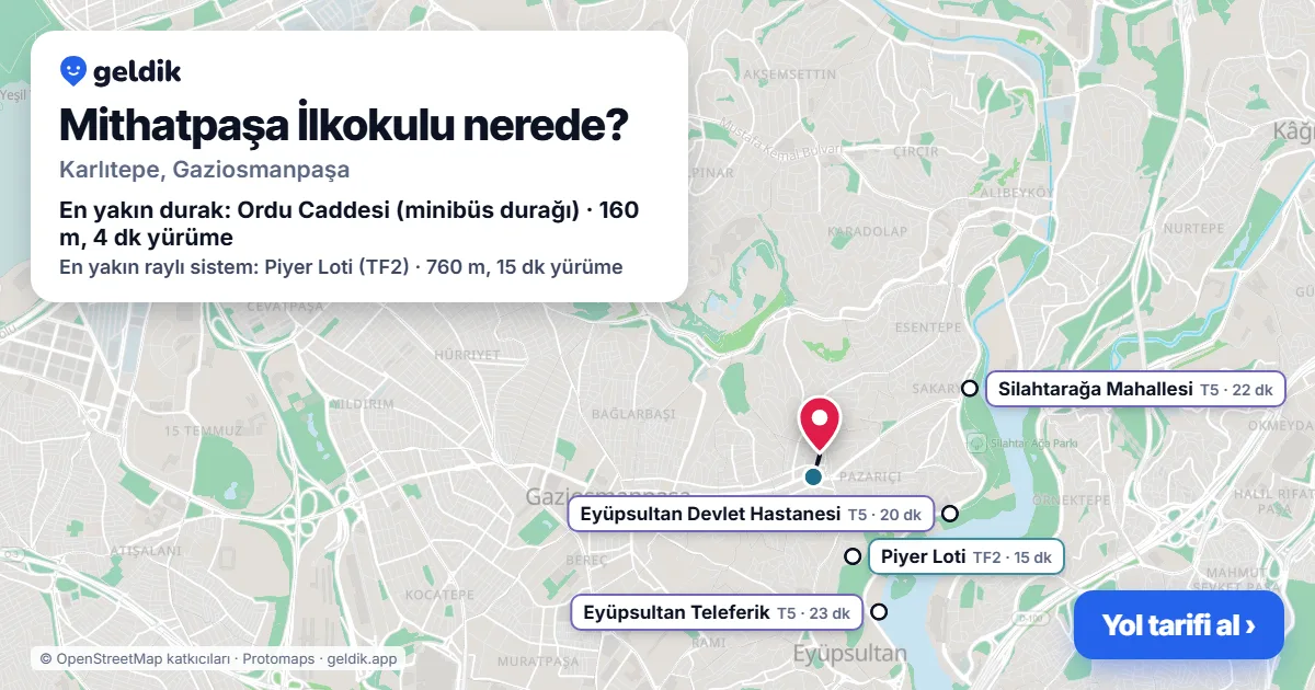 Mithatpaşa İlkokulu nerede: haritada konumu ve en yakın duraklar, yürüme süreleriyle
