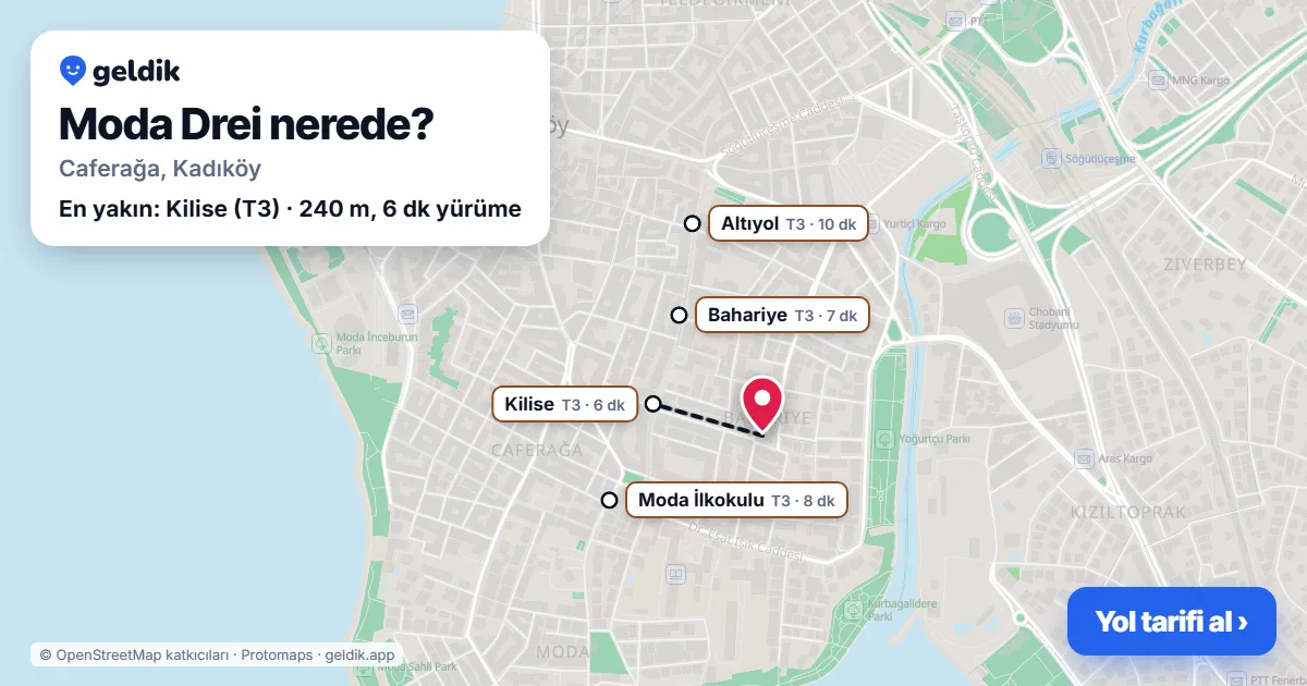 Moda Drei nerede: haritada konumu ve en yakın duraklar, yürüme süreleriyle
